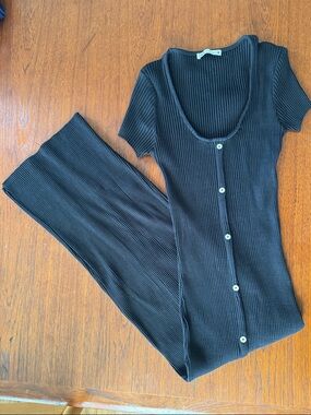 ZARA short sleeve Ribbed Button-Front Black Maxi Dress